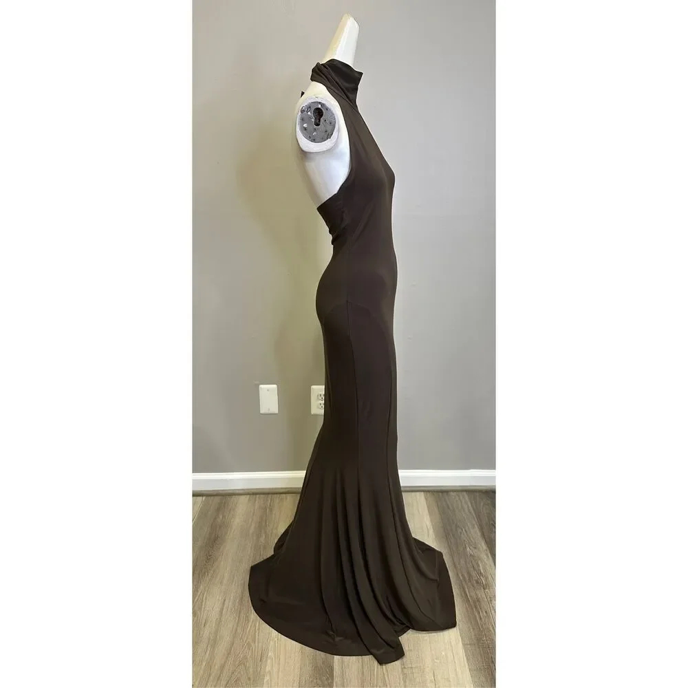 NWT Norma Kamali Halter Turtle Fishtail Gown in Chocolate Size XXS $195 - Picture 8 of 10